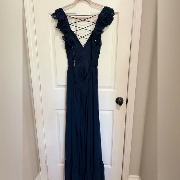 Lulus Maxi Dress Navy Blue Ruffled Lace-Up Soiree Celebration Formal Dress NWOT - Picture 6 of 10